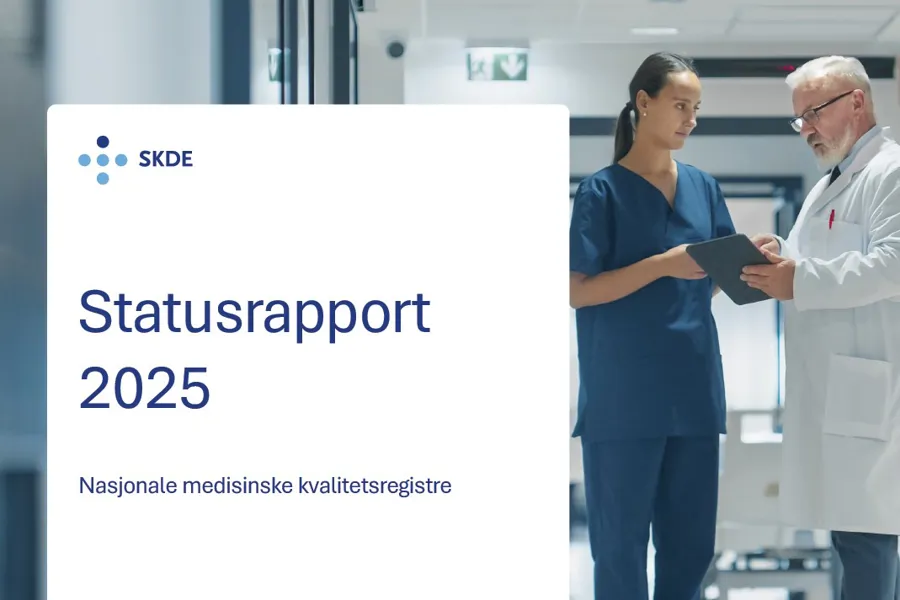 Bilde av statusrapporten for 2025 med bilde av helsepersonell i sykehusgang
