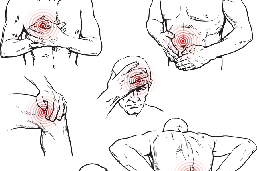 Tegninger av mann med smerte i ulike deler av kroppen